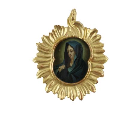 Early 19th Century Continental School  Miniature: "Madonna in blue Cloak, and in deep Contemplation," oval panel, approx. 9cm