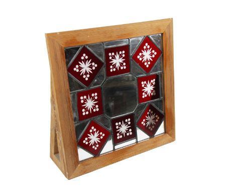 An unusual Mirror and stained glass Panel, with ruby glass diamond and square panel, converted into Firescreen with wooden fr