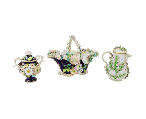 An elaborately decorated 19th Century English porcelain flower encrusted Basket; a good quality Meissen flower encrusted Coff