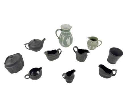 A good collection of Wedgwood black Basalt items,&nbsp;including a small plain black Teapot, with impressed Wedgewood mark, a