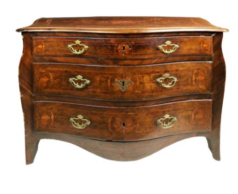 A good 18th Century Continental walnut Commode, of serpentine form the top with kingwood and satinwood banding and centred wi