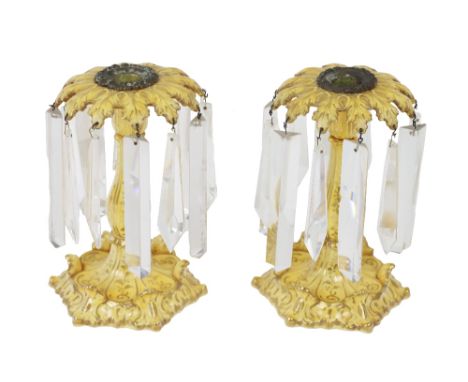 A pair of 19th Century glazed porcelain yellow ground Lustres,&nbsp;highlighted in git on shaped bases, each approx. 19cms (7