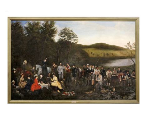 19th Century Irish School   “Fishing Party at Knockdrin Castle,” O.O.C., c. 1860, 147cms x 34cms (58” x 92). (1)  An ambitiou