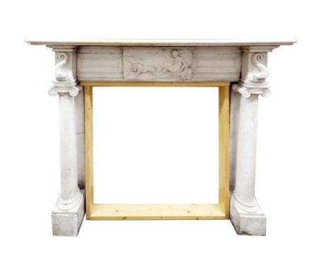 A fine quality 18th Century Carrera marble Fireplace, the heavy moulded top with canted corners, above a frieze with central 