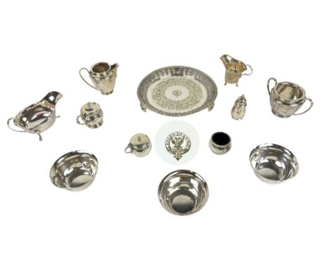 Silverware: A collection of varied silver Tableware, including a small Sauceboat, hallmarked E. Viners, a Celtic Revival four