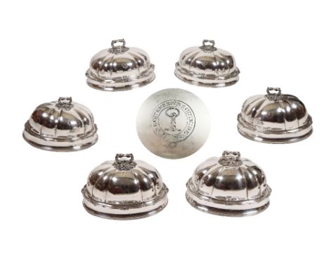 A rare set of 6 Victorian silver crested dome shaped Dish Covers, each with ornate moulded leaf decorated handle, and crested