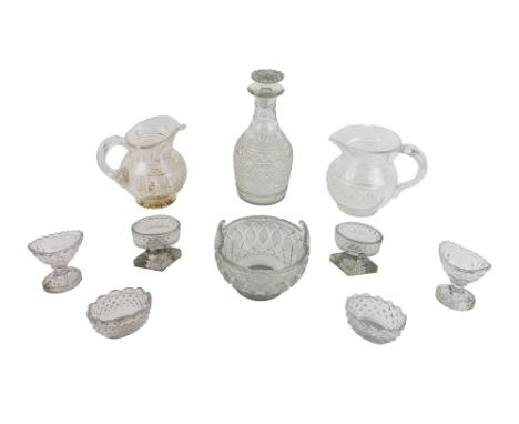 An antique Waterford cutglass Piggin, three sets of attractive antique cutglass Salts, a large cutglass Decanter and stopper;