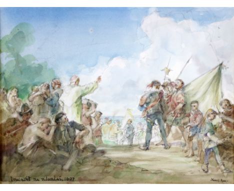 Thomas Ryan PRHA (1929-2021) “Imeacht na nIarlai, 1608,” (The Departure of O’Neill out of Ireland,) &nbsp;1958 watercolour on