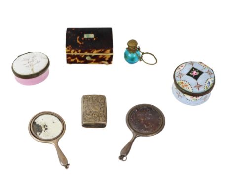 A small etched Birmingham silver Vinaigrette, c. 1850; two miniature silver Hand Mirrors, and two Victorian decorated enamel 
