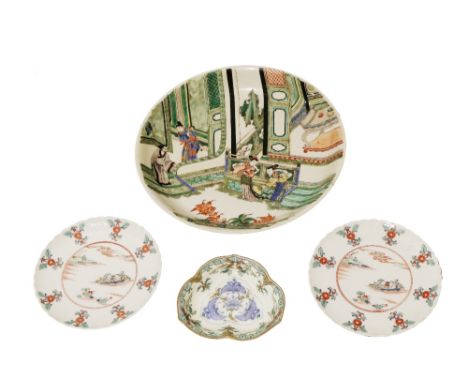 An attractive large 19th Century Chinese Famille Verte Plate, depicting an interior with figures, approx. 32cms (12 1/2") dia