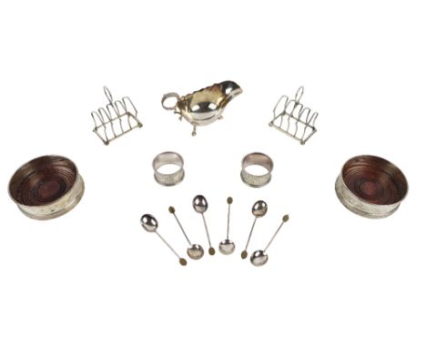 Silverware: A pair of small Birmingham silver Coasters, by Broadway &amp; Co., 1962; a cased pair of miniature silver Toast R