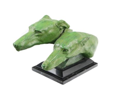 A French Art Deco bronze Sculpture of two greyhound heads,&nbsp;Signed and mounted on a stepped marble base, approx. 53cms lo