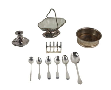 An old Sheffield plate Taper Stick Holder, originally to fit on an inkstand, with circular shell motif border and a campana s