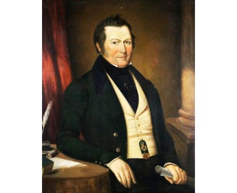 19th Century Irish School [Order of Saint Patrick]&nbsp; "Portrait of a Gentleman seated by a Desk, with scroll in hand weari