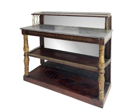 A fine quality Regency period rosewood and brass inlaid mirrored back Chiffonier, the moulded grey marble top with upper rece