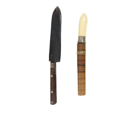 A 19th Century unusual steel blade Hunting Knife, the wooden handle with silver inlay and retractable mechanism, with origina