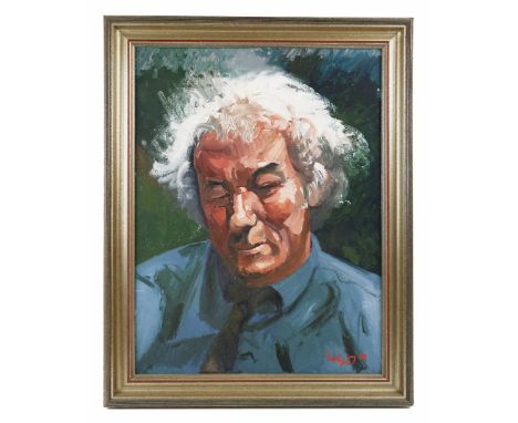 Peter Edwards, British (b. 1955) Seamus Heaney,&nbsp;O.O.C., head and shoulders Study of the Poet Seamus Heaney wearing blue 