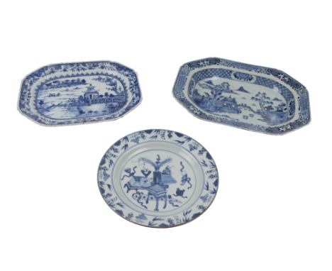 A large 19th Century Nankin blue and white octagonal shaped landscape design Platter, with deep dish and a smaller ditto, als