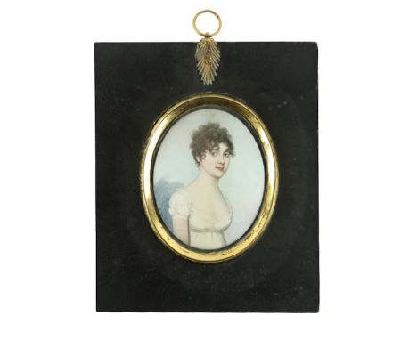 Attributed to Frederick Buck (1771 - 1839)  Half length miniature Portrait of a Young Lady wearing a white dress, in ebonised