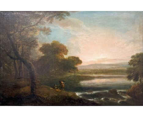 John Butts (c.1728-1765) (Attributed.) &nbsp; “Fishermen by a River at Sunset,”&nbsp; c.1740, O.O.C., approx.. 74cms x 99cms 