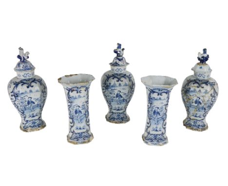 A suite of 3 - 18th Century blue and white tall Vases and covers, of bulbous shaped design, decorated with panels of female f