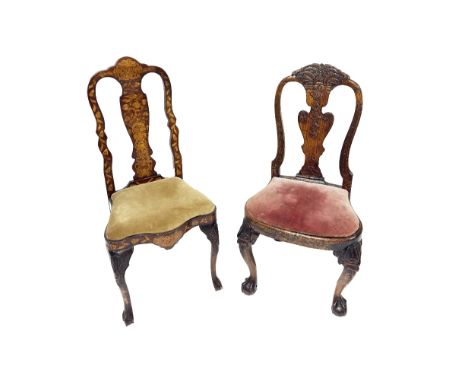 A 19th Century Dutch marquetry Side Chair, with open splat back profusely decorated with inlay depicting flowers, leaves and 