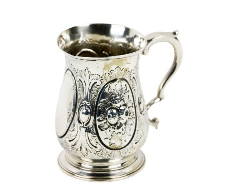A George III English silver baluster shaped Tankard, with etched and floral repoussé design, 'S' scroll handle, hallmarked Lo