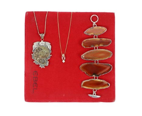 A 9ct gold Necklace&nbsp;with decorative pendent set with single stone; together with a Sterling silver Necklace with pendant