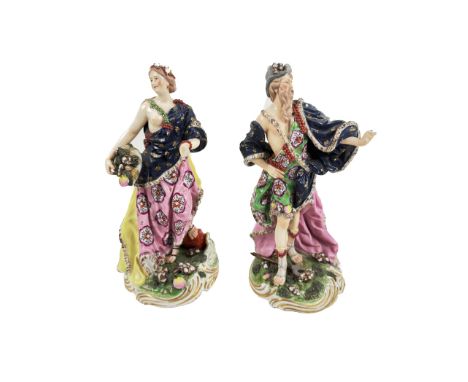 A pair of 19th Century English porcelain Figures, Chelsea, of Poseidon and Aphrodite, each of colourful decoration, and mark,