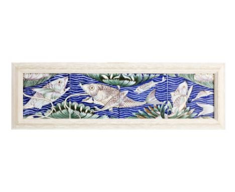 After William de Morgan (1839-1917)  A set of four Persian Fish Frieze Tiles, mounted and framed, approx. 14cms x 60cms (5 1/