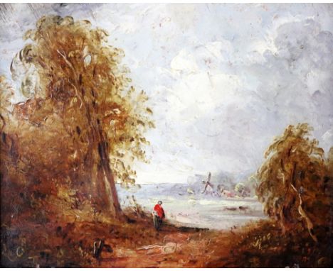 Attributed to John Constable, RA (1776-1837) "A Scene near Suffolk," O.O.P., landscape scene with female figure in foreground