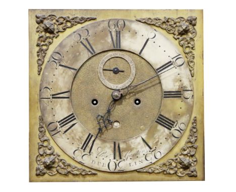 An Irish Georgian period mahogany cased Grandfather Clock, the hood with blind fretwork design and brass capped reeded pillar