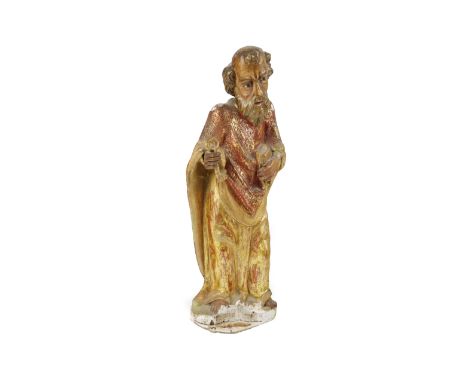 An early polychrome decorated "Figure of St. Peter," with gilded body and rust coloured cloak, with some plaster repairs, app