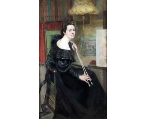 Henriette Daux, French (B. 1866) "Self Portrait of Artist at Easel," O.O.C., approx. 162cms x 97cms (64" x 38")&nbsp;Signed&n