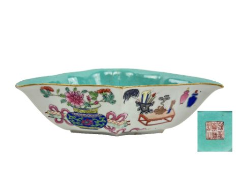 An unusual shaped 19th Century Chinese Brush Bowl,&nbsp; decorated with flowers, vases, scent bottles, and incense, the base 