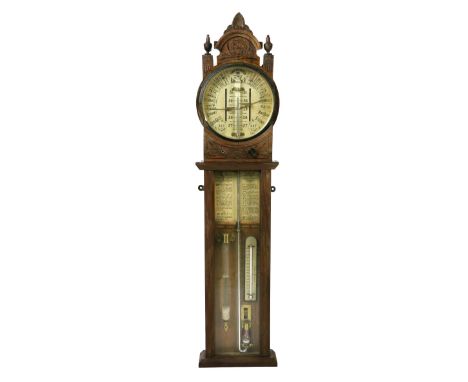 A Victorian oak cased Admiral Fitzroy Wheel Barometer, with carved cartouche and finials, with painted text, as is. (1)