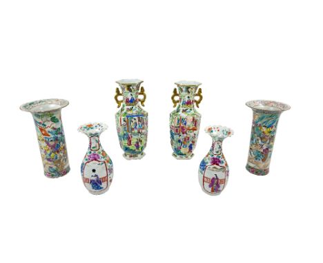 A fine pair of 19th Century Qing Dynasty (Canton) Famille Rose Vases, each with hexagonal top and gilt highlighting, gilded d