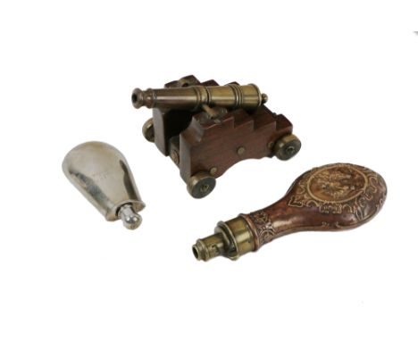 An old silver plated Hip Flask, (in the shape of a powder flask) with engraved armorial, a good quality antique copper and br
