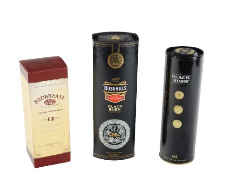 Whiskey: A bottle of Redbreast, 12 years in box; a bottle of Black Bush, in presentation tube; a bottle of Bushmills - Black 
