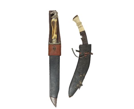 An antique Gurkha Kukri Knife, the shaped bone handle issuing shaped blade with original leather scabbard, approx. 33cms (13"