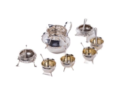 Silverware: A set of four unusual skillet design silver Salts, by Mappin &amp; Webb, London, with matching spoons; a pair of 