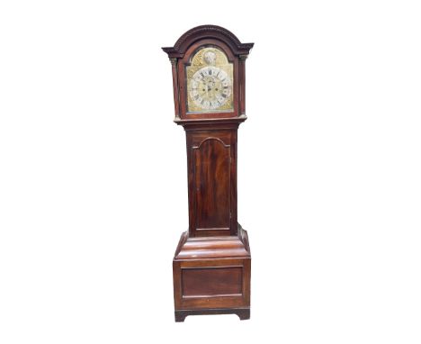 A fine quality 19th Century English mahogany cased Grandfather Clock, the arched cornice with dentil moulded border above a g