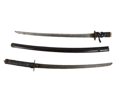 Two early Japanese Short Swords, (one&nbsp;Signed) with tsuba, handles worn, only one scabbard, each approx. 57cms (22 1/2") 
