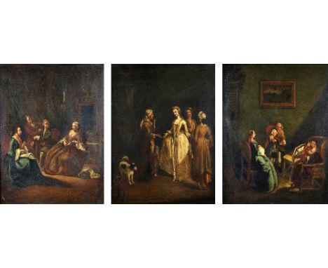 Follower of Pietro Longhi, Venice (1702-1785)   “Interiors with Music and Song,” (set of three matching paintings), O.O.C., c