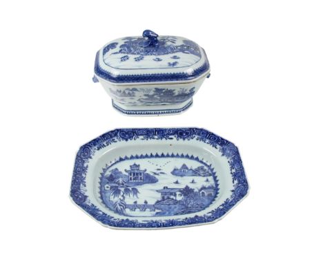 A 19th Century Chinese landscape blue and white Tureen &amp; Cover,&nbsp;decorated with wave handle and typical scenes of bui