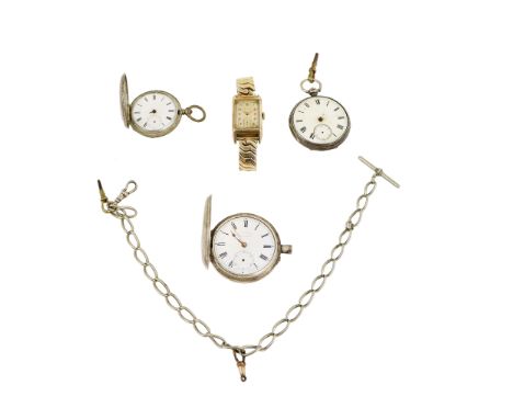 A collection of three antique Fob or Pocket Watches, in silver cases, together with a 10ct gold cased Waltham Wrist Watch, as