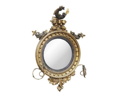 A fine quality 19th Century giltwood Girandole,&nbsp;surmounted with ebonised and gilt highlighted seahorse on a rocky outcro