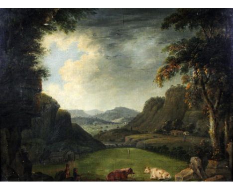 Jonathan Fisher (c 1740-1809) (Circle of) “Landscape with Cattle,”&nbsp; O.O.C., c. 1770, 48cms x 64cms. (1) In a wooded vall