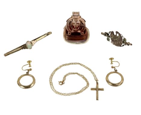 A 9ct gold Crucifix, with gold chain approx. 40cms (length of chain); a 9ct gold bar Brooch, with a central oval opal stone i