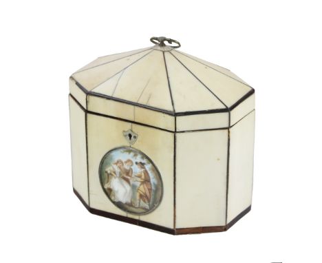 A Regency period tortoiseshell and bone octagonal shaped Tea Caddy, the hinged domed top opening to reveal lined interior, th